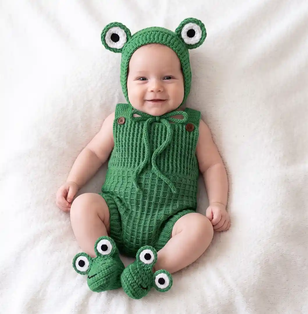 Frog Baby Crochet Pattern PDF, Easy Baby Romper, Bonnet & Booties Set, Newborn 0-3 Months Costume, Photo Prop